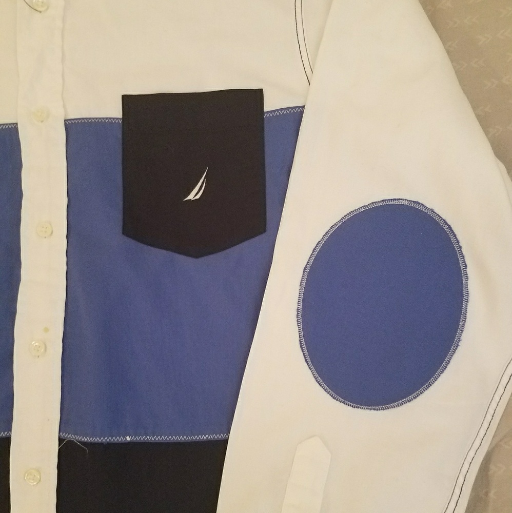Nautica Tri-Color Block Elbow Patch Button Down L - image 5